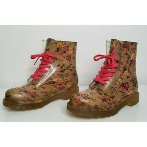 JACOBIES Floral Clear Pink Laces Combat Boots Women's 7 Shoes Vintage